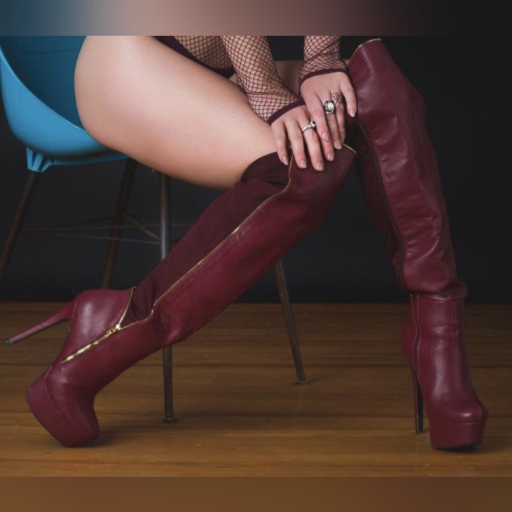 Sexy Thigh High Boots Burgundy Gold tone Zipper Accents by Scene Size 7.5